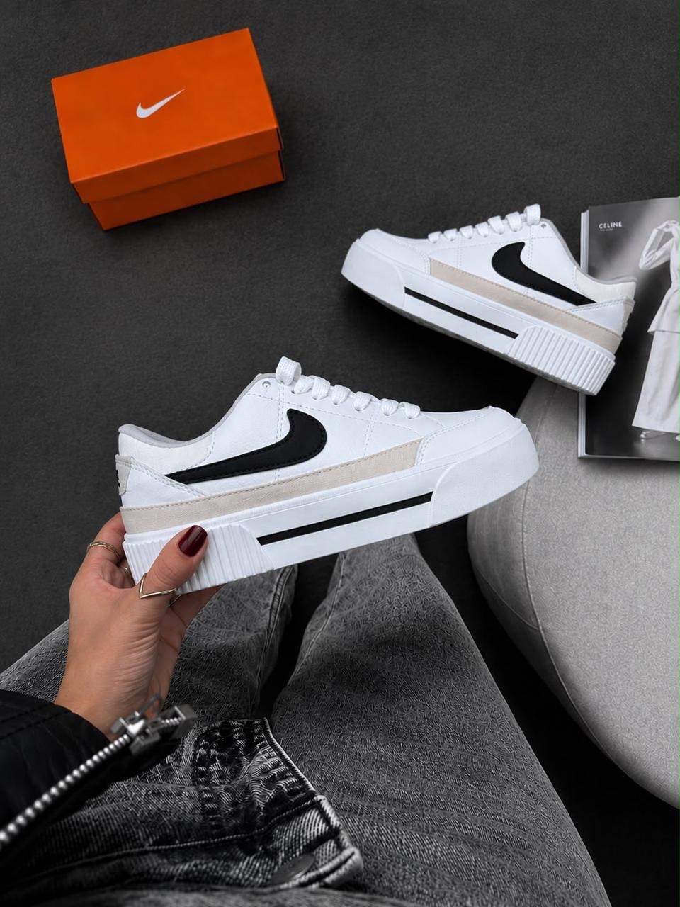 Tênis Casual Feminino Court Branco e Preto Plataforma
